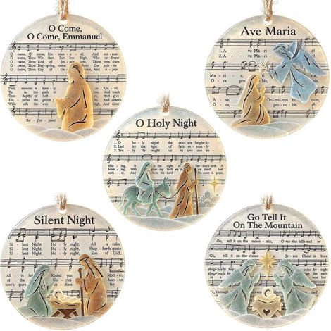 Ornement de Noël avec hymne, crèche en acrylique dépoli à suspendre, avec partitions anciennes et la Sainte Famille, cadeau souvenir pour l'église, la famille ou un ami (1/4)