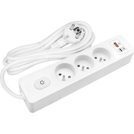 Multiprise SELDUR G3FH32B, 3 prises type E + interrupteur, USB A+C charge rapide 20W, Blanc, câble 3m (1/4)