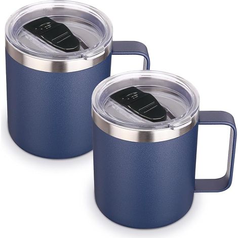 Lot de 2 tasses à café isothermes en acier inoxydable de 414 ml avec couvercle – Tasse à café de voyage à double paroi sous vide avec poignée – Gobelet réutilisable pour le camping – Cadeau (1/5)