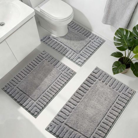 Tapis De Bain Ensemble De 3 Pièces Antiderapant Tapis Lavable en Machine Gris Absorbant Moelleux pour De Salle De Bain WC Toilette (1/5)