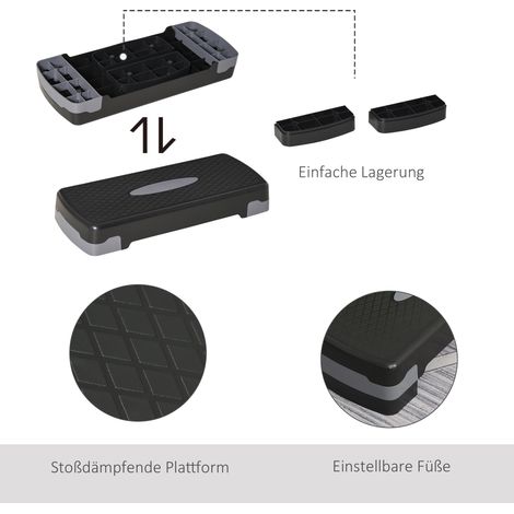 Steppbrett Aérobic 2 Niveaux Réglable 10-15cm, Stepper Fitness Antidérapant, Mini Marchepied pour Domicile Bureau Maison, Noir+Gris (1/5)