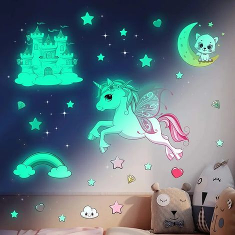 Lot de stickers muraux lumineux autocollants pour chambre de fille, déco licorne et princesse, adhésifs phosphorescents en forme d’étoiles, ciel étoilé, autocollants muraux pour chambre de bébé, ambia (1/5)