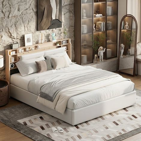 Lit coffre double 140x200 cm, tête de lit avec rangement, éclairage led intégré, cadre en simili cuir blanc, sommier à lattes (1/5)