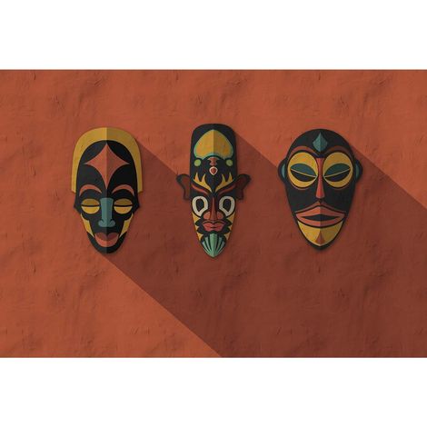 Papier peint panoramique rouge avec masques africains Tapisserie panoramique rouge ethnique idéale couloir Papier peint panoramique idéal salon (1/2)