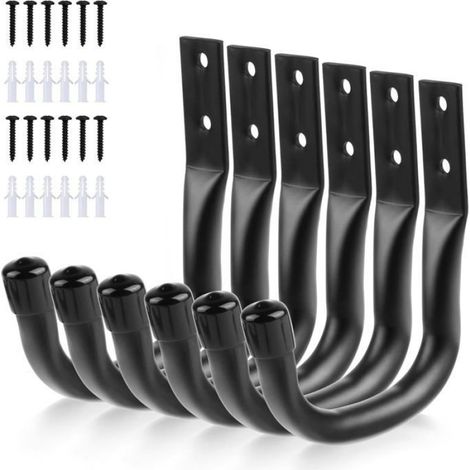 Lot de 6 Crochets de Rangement pour Echelle de Garage, Crochet Mural Garage, Support Velo Mural Noirs, Crochets Muraux Robustes (1/4)