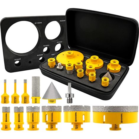 Foret Diamant Kit 12pcs 6/6/8/20/25/35/50/68/110mm Mèches Diamantées 20mm Fraise Diamant 50mm Mèches de Chanfrein Adaptateur Scie Cloche pour Carrelage Céramique Porcelaine Marbre Granit (1/5)