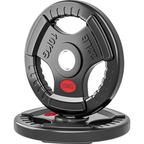 Disques de musculation olympiques, trou de 50 mm, 2 x 10 kg, avec anneau intérieur en acier, triple prise pour haltères et barres, noirs (1/5)