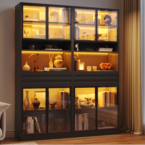 Vitrine haute 80 x 35 x 200 cm avec LED RGB, 8 portes vitrées, 1 tiroir, MDF, gain de place pour salon - noir (1/5)