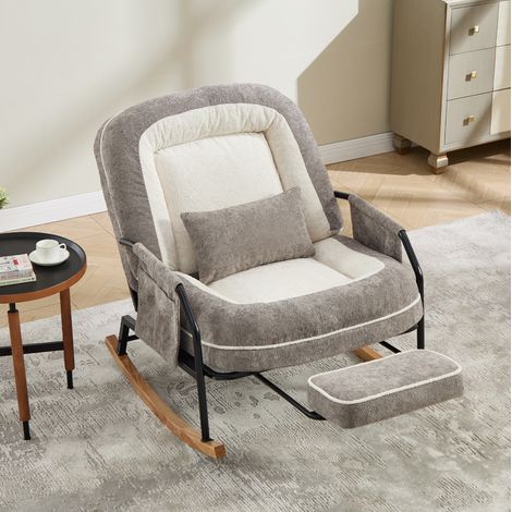 MODFU – Poltrona a dondolo reclinabile in finta pelliccia con schienale 100-160°, poggiapiedi retrattile, tasche laterali e cuscino mobile – Grigio chiaro (1/5)