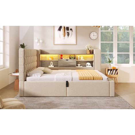 letto contenitore 90x200 LED USB beige salvaspazio OKMYHOME (1/5)