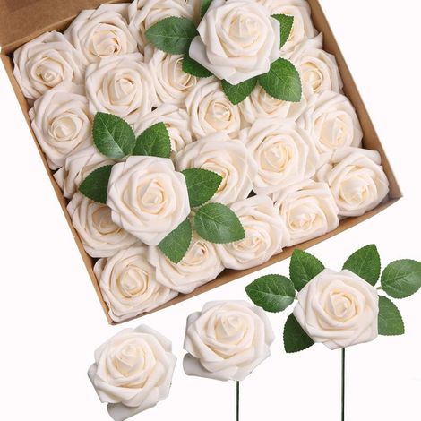 Roses Artificielles - 25 Pièces Tiges Souples en Mousse Latex - 8 cm Tête de Fleur - Hauteur Totale 26 cm - Pour Décoration Mariage DIY Centre de Table Bouquet (1/5)
