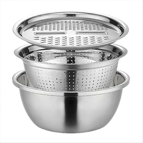 Multifunktionales 3-in-1-Edelstahlsieb mit Abtropfkorb und Salatschüssel. (1/5)