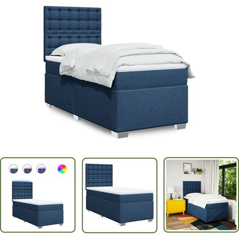 The Living Store Sommier à lattes de lit avec matelas Bleu 100x200 cm Tissu - Lit Plateforme - Lit Double - Lit Design - Matelas À Ressorts Ensachés - Éclairage Led (1/5)