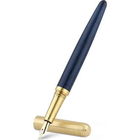 Stylo plume en bois fait main - Stylo de luxe vintage à pointe fine 0,5 mm, idéal pour les carnets, la calligraphie et les cadeaux (Bleu) (1/5)
