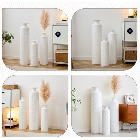 Set di 3 vasi da terra in metallo bianco, superficie testurizzata, per fiori secchi e decorazione moderna (1/5)