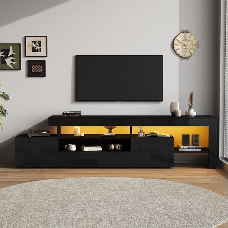 Meuble TV 192x37x53 cm en panneaux de bois noir, avec rangement LED pour salon moderne FloraGrace (1/5)
