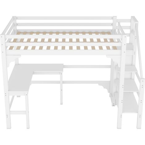 CAIziLit mezzanine, 140200 cm, élégant bureau en L, bois de pin, armoire ouverte, style minimaliste, blanc