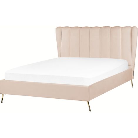 Cama con somier de terciopelo beige dorado 140 x 200 cm metal USB cabecero Miribel