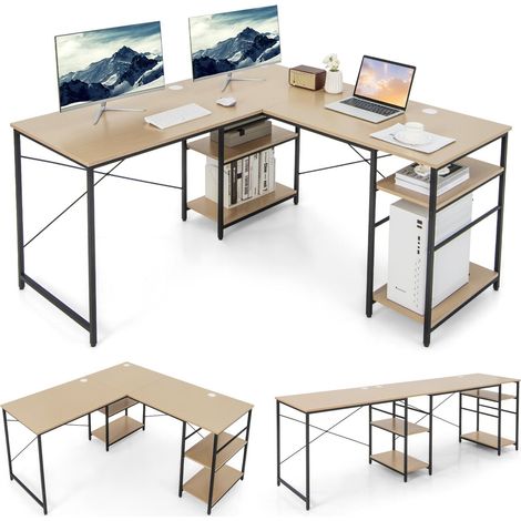COSTWAY L-Shaped Corner Computer Desk Study Writing Desk Workstation with Storage Shelf (1/5)