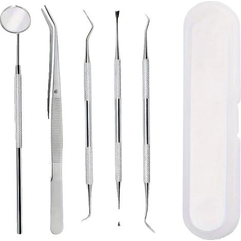 Kit per la pulizia dentale, strumenti in acciaio inossidabile, design ergonomico, 5 pezzi in una scatola di plastica (1/2)