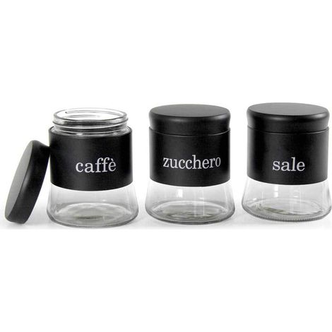 Set 3 Tris Barattoli da cucina in vetro Sale Zucchero caffè nero 750 ml