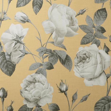 Eden Floral Mustard Wallpaper Crown Textured Vinyl White Grey (1/3)
