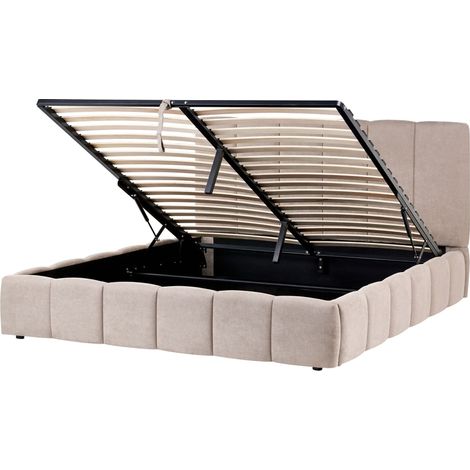 Ottoman Bed Taupe Fabric Upholstered EU Super King Size 6ft Bed Frame Vertical Tufting Lift-Up Frame High Headboard VAUVERT (1/5)