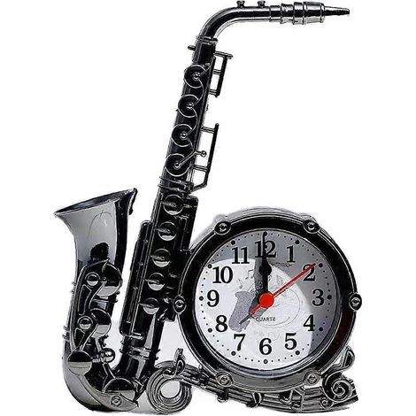 Réveil à piles, réveil saxophone rétro, objet de décoration de bureau original, noir. (1/4)
