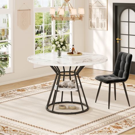 Table à manger ronde 100x100x76 cm noire en MDF et métal avec plateau aspect marbre et rangement (1/5)