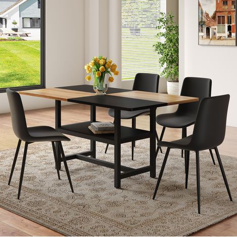 Ensemble table à manger rectangulaire 160 cm avec rangement, 4 chaises PU noir, bois brun et métal (1/5)