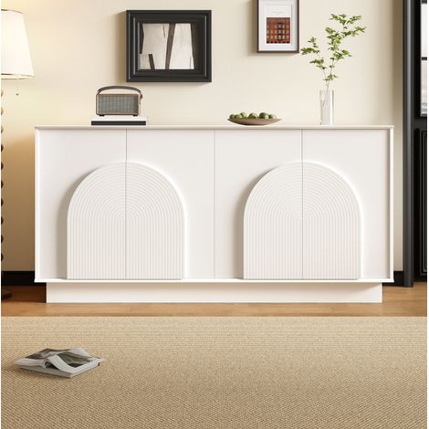 Credenza in MDF bianco opaco 160 x 38 x 80 cm, 4 ante con pannelli curvi e ripiani interni (1/5)