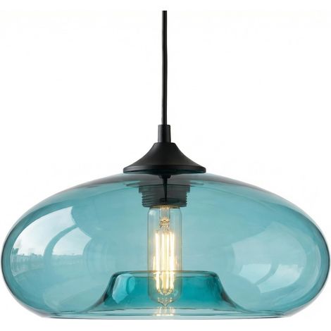 Suspension Luminaire Industriel Vintage avec Abat-Jour en Verre Soufflé 28cm - Lampe Suspendue Plafond E27 pour Cuisine, Salon & Salle à Manger (Bleu) (1/5)