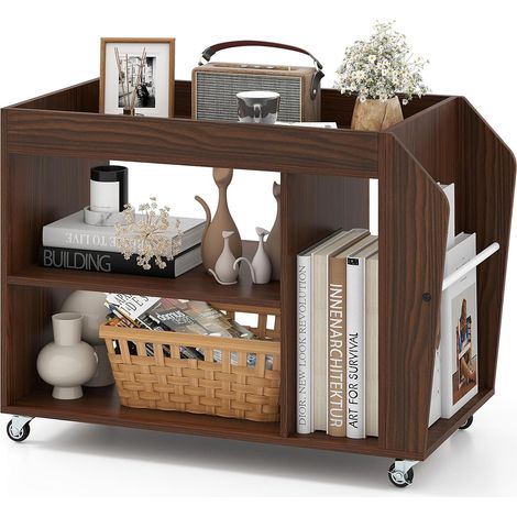 Tavolo laterale e libreria a 3 ripiani con ruote universali, Comodino con 3 scomparti e 1 ripiano laterale in legno (1/5)
