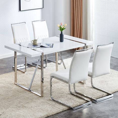 Silla de comedor modernas 4 piezas alto respaldo acolchado rayas horizontales comedor cocina oficina cuero PU lino blanco (1/5)