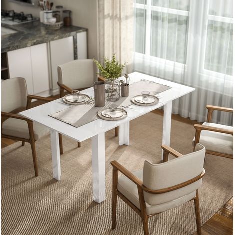 Tavolo da pranzo allungabile 120-160 x 80 x 78 cm, MDF bianco lucido, 4-6 persone DESVIAE (1/5)