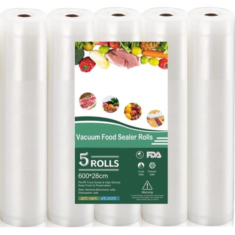 Lot de 5 rouleaux de film sous vide, 28 x 600 cm, s, sans BPA, pour machine à emballer sous vide et aliments, convient pour la mise sous vide et les appareils de soudage de film (1/5)