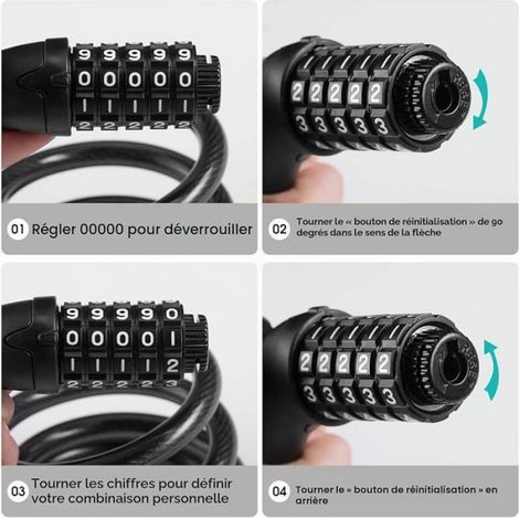 Rampe antivol rose à code intelligent 5 chiffres, cable 120cm ×12mm adapté scooter, bicyclette et portail (1/5)