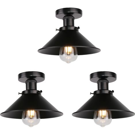 3PCS Ceiling Light Vintage Retro Ceiling Lamp Industrial Iron Lampshade 22cm for Bedroom Kitchen Loft All Black (1/5)