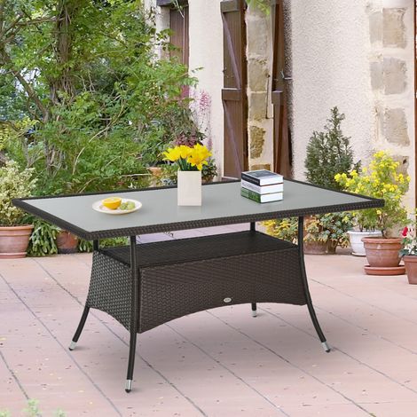 Table de jardin en verre, table à manger, mobilier de jardin, polyrotin et verre de sécurité, marron et noir, 150 x 85 x 74 cm (1/5)