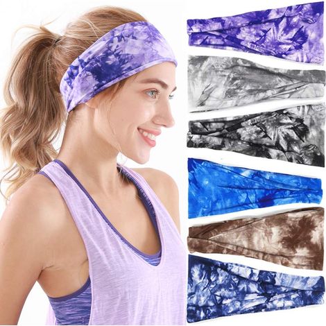 Bandeaux pour femmes, lot de 6 bandeaux de sport en coton, motif bohème tie-dye, élastiques et antidérapants, parfaits pour le yoga, la course à pied et le sport. Bandeaux tendance pour cheveux, idéau (1/5)