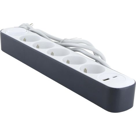 Bloc Multiprise 5 Prises 16 à avec 2 Ports USB (A&C) et Câble 1,5m HO5VV-F 3X1mm² Blanc et Gris (1/5)