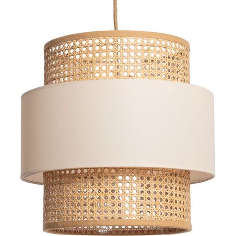 – Suspension en rotin et tissu Amaia beige – Dimensions 1825 mm x Ø400 mm – Design rustique et contemporain – Éclairage doux et chaleureux (1/5)