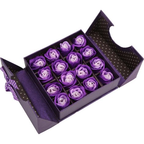 Coffret de 16 savons décoratifs en forme de rose, élégants et parfumés, à l'effigie de fleurs violettes, idéal pour la salle de bain. Cadeau parfait.