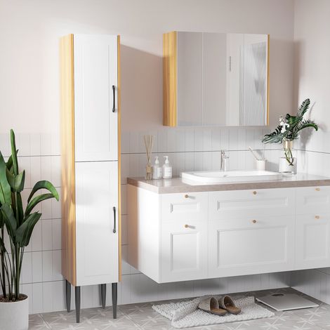 Meuble sous lavabo salle de bain suspendu meuble sous vasque avec tiroirs à fermeture douce et étagères, marron (1/5)