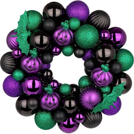 Halloween Kranz 33cm Violett & Grün mit Kürbis und Fledermaus Deko