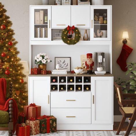 Credenza, mobile contenitore, mobile da cucina, credenza, 120x36,3x180 cm, con illuminazione a LED e presa, sei ante, due ampi cassetti, nero/bianco (1/5)