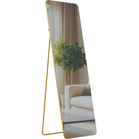 Specchio a figura intera da appoggio o da parete con cornice in metallo dorato lucido e design pulito e minimalista 150x50 cm 100008380