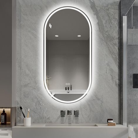 Miroir intelligent ovale sans cadre 60 x 120 cm, à fixation murale, avec écran tactile et traitement antibuée, pour salle de bain.