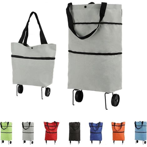 Chariot de courses pliable à roulettes 2 en 1 sac fourre-tout portable en tissu Oxford pour courses laverie et voyager - gris (1/5)
