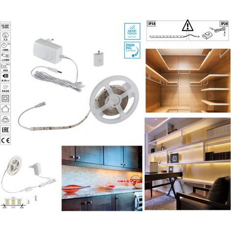 Kit Striscia Led With Interruttor Touch Dimmer Bianco Caldo 3000k 7.5 Watt